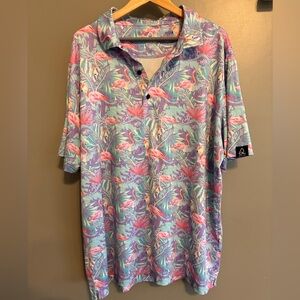 NWOT DEOLAX Tropical Flamingo Print Men's Golf Polo